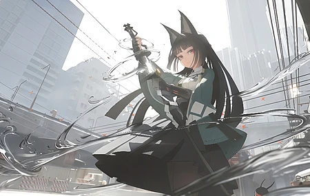 绝区零 插画 动漫 少女 黑发 红色眼眸 兽耳 连裤袜 星见雅 灰色 4K壁纸