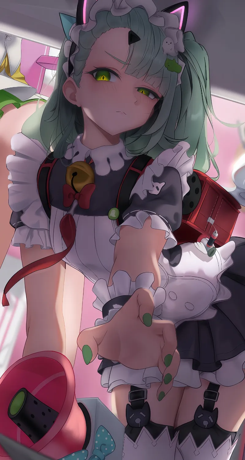 动漫 少女 绝区零 艾莉亚 桑娜 手机壁纸 兽耳 俯身 铃铛 黑色连衣裙 猫耳 绿色眼眸 绿发 发带 发饰 翅膀 换装 女仆 音箱 颈铃 大腿 逆光 站立 绿色美甲 长发 粉色