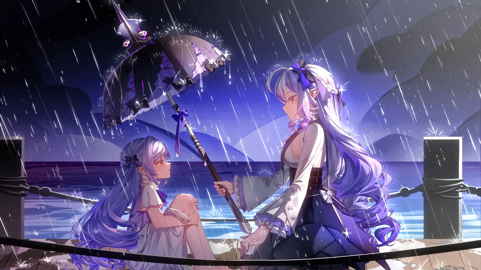 薇薇安 绝区零 雨天 户外 坐着 游戏少女 微笑 尖耳朵 天空 夜晚 水流 蝴蝶结 紫发 发饰 流泪 白色连衣裙 雨伞 泪珠 多人 长袖 赤脚 双腿 紫色 4K壁纸