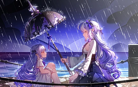 薇薇安 绝区零 雨天 户外 坐着 游戏少女 微笑 尖耳朵 天空 夜晚 水流 蝴蝶结 紫发 发饰 流泪 白色连衣裙 雨伞 泪珠 多人 长袖 赤脚 双腿 紫色 4K壁纸