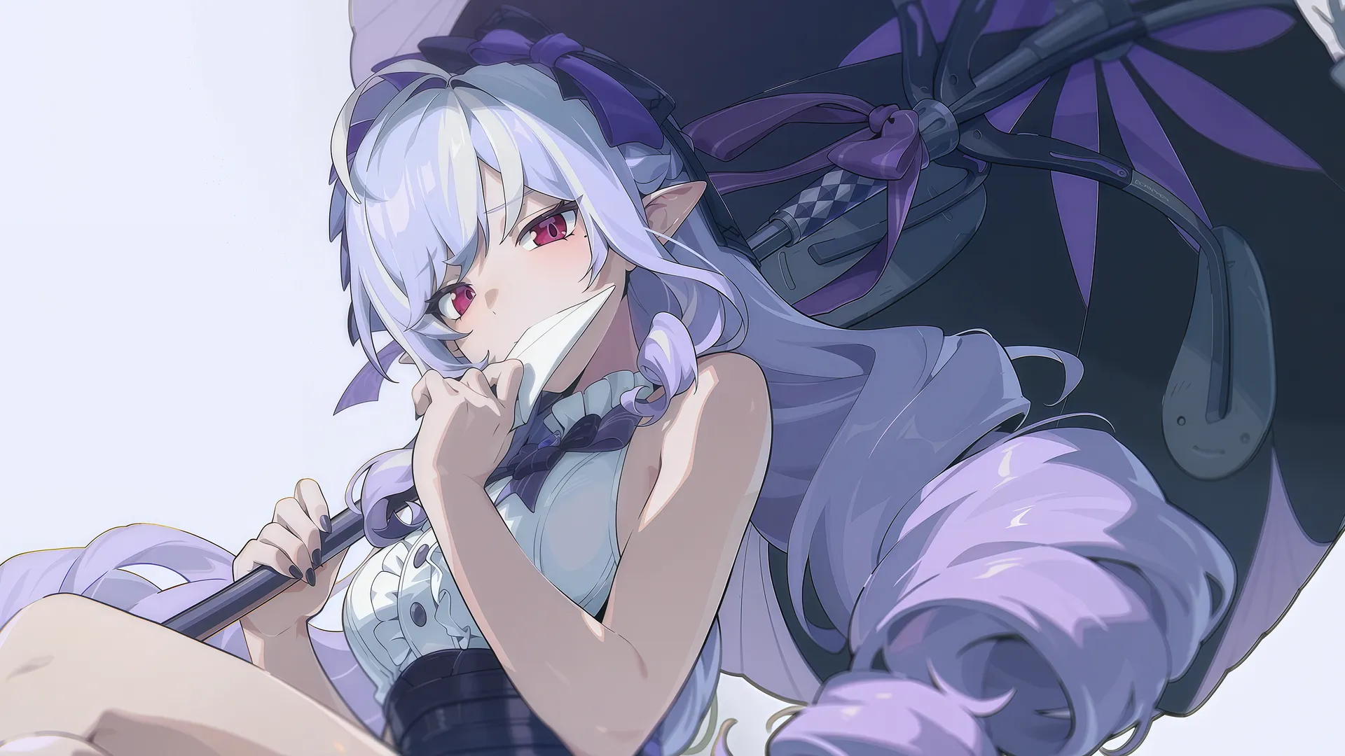 薇薇安 绝区零 动漫 少女 游戏 简约背景 信件 长发 尖耳朵 雨伞 紫发 红色眼眸 白色 紫色 领结 鱼带屏 宽屏 4K壁纸