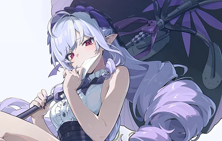 薇薇安 绝区零 动漫 少女 游戏 简约背景 信件 长发 尖耳朵 雨伞 紫发 红色眼眸 白色 紫色 领结 鱼带屏 宽屏 4K壁纸
