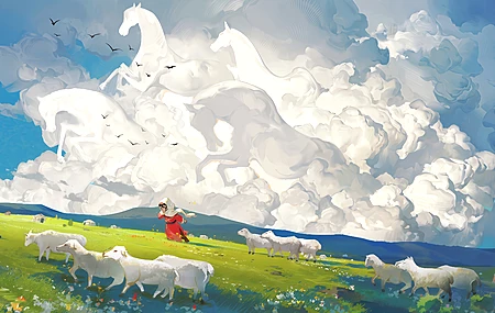 插画 数字绘画 风景 自然 户外 日光 鱼带屏 宽屏 超现实 马匹 鸟类 云朵 原野 绵羊 少女 户外 天空 草地 风 行走 山脉 动物 4K壁纸