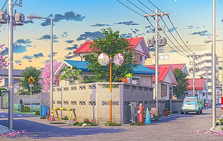 插画 数字艺术 街道 日落 电线杆 路灯 云朵 树木 天空 标识牌 花瓣 草地 轿车 开花 交通工具 阳光 电线 建筑 宽屏 屋顶 户外 彩色 消防栓 4K壁纸