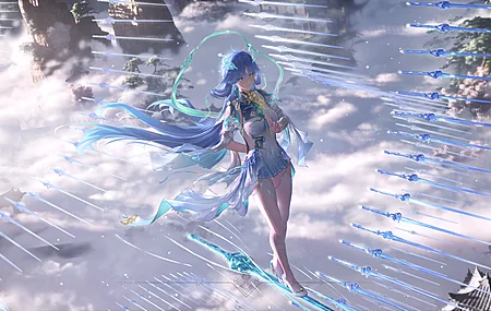 鸣潮 清晓 动漫 少女 长发 蓝发 宽屏 鱼带屏 全身 高跟鞋 蓝色眼眸 星星眼 亚洲服饰 腿部 长袜 屋顶 树木 耳环 发饰 蓝色 8K壁纸