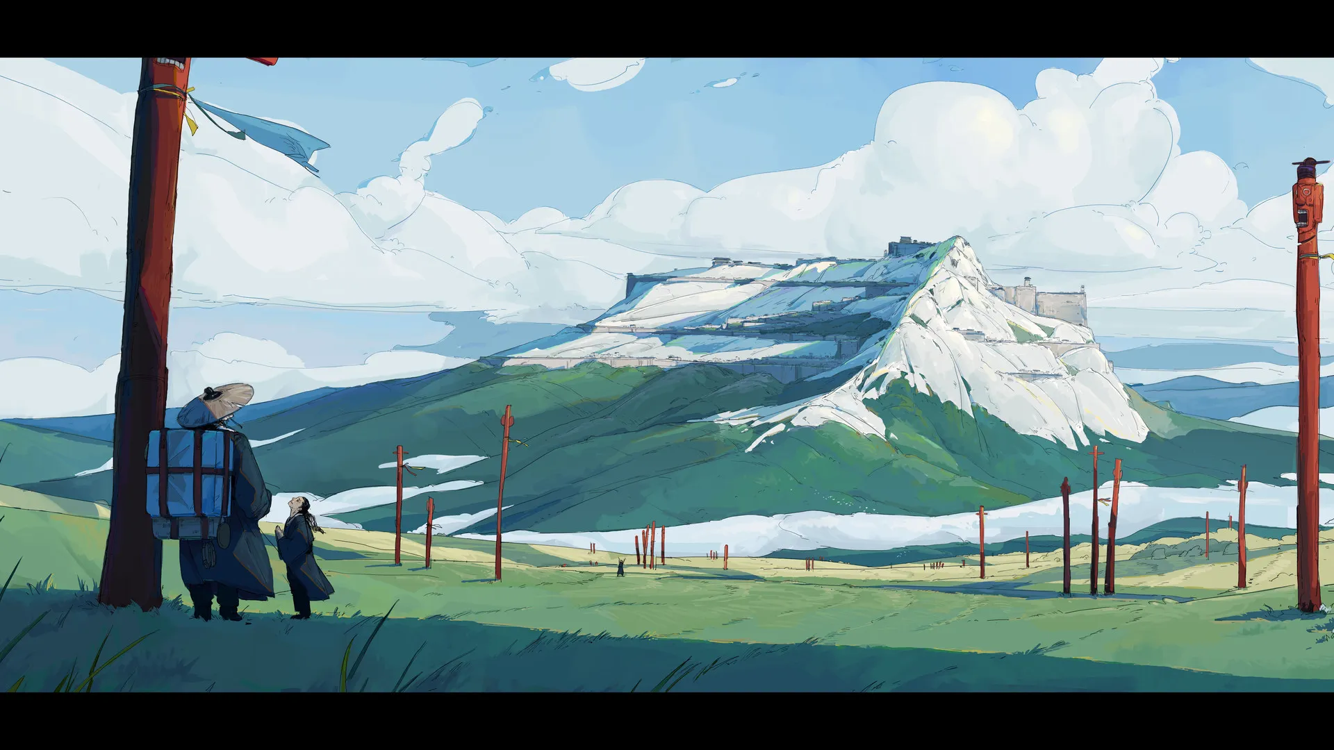 云朵 山脉 户外 少年 站立 积雪 植物 宽黑边画幅 超宽画幅 风景 天空 草地 阳光 数字艺术 长发 绿色 4K壁纸