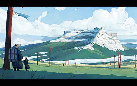 云朵 山脉 户外 少年 站立 积雪 植物 宽黑边画幅 超宽画幅 风景 天空 草地 阳光 数字艺术 长发 绿色 4K壁纸