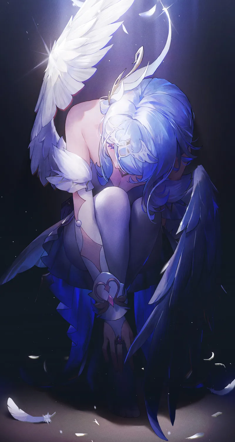 原神 奥黛特 手机壁纸 简洁背景 翅膀 深色背景 羽毛 弯曲双腿 短发 蓝发 闪光 少女 连衣裙 闭眼 颗粒噪点 发光 蓝色 4K壁纸