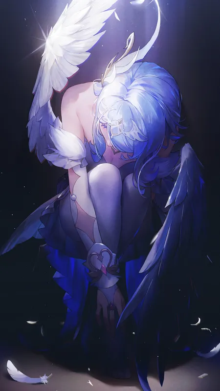 原神 奥黛特 手机壁纸 简洁背景 翅膀 深色背景 羽毛 弯曲双腿 短发 蓝发 闪光 少女 连衣裙 闭眼 颗粒噪点 发光 蓝色 4K壁纸