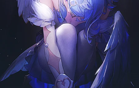 原神 奥黛特 手机壁纸 简洁背景 翅膀 深色背景 羽毛 弯曲双腿 短发 蓝发 闪光 少女 连衣裙 闭眼 颗粒噪点 发光 蓝色 4K壁纸