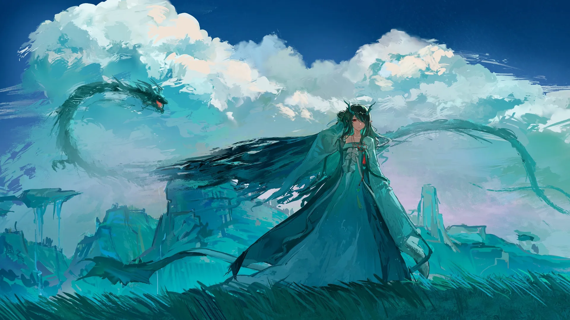 动漫 明日方舟 夕 长发 红色眼眸 绿发 换装 天空 云朵 户外 少女 尖耳朵 连衣裙 东方龙 超宽画幅 长袖 流苏 站立 绿色 4K壁纸