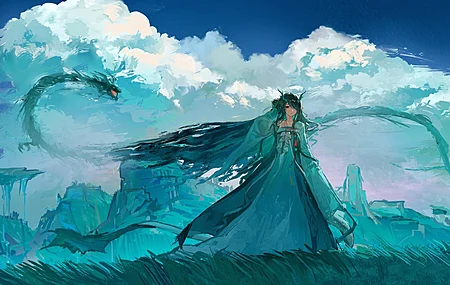 动漫 明日方舟 夕 长发 红色眼眸 绿发 换装 天空 云朵 户外 少女 尖耳朵 连衣裙 东方龙 超宽画幅 长袖 流苏 站立 绿色 4K壁纸