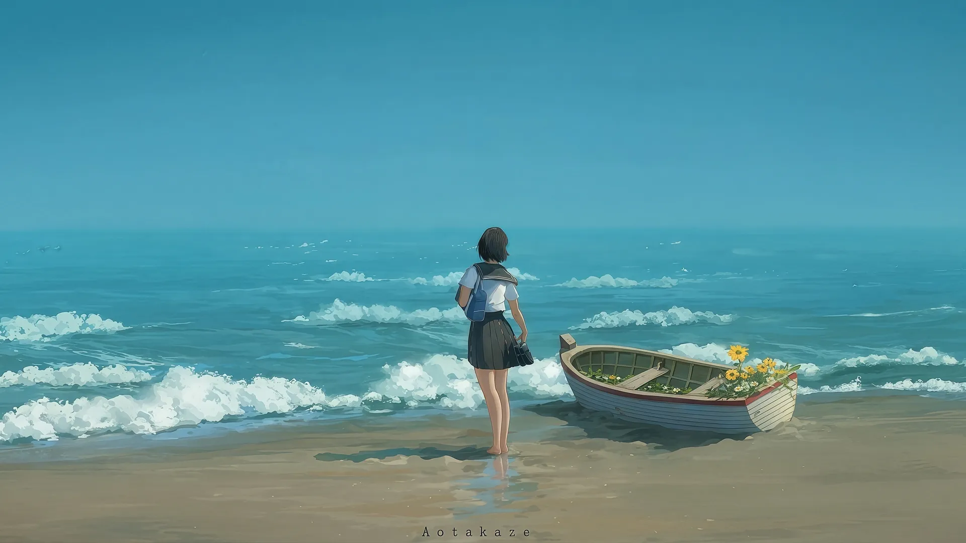 插画 数字绘画 带水印 海滩 海水 日光 户外 少女 风景 站立 校服 黑发 短发 小船 花朵 海浪 鱼带屏 宽屏 裙子 赤脚 向日葵 倒影 天空 短袖 阳光 书包 蓝色 4K壁纸