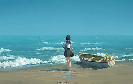 插画 数字绘画 带水印 海滩 海水 日光 户外 少女 风景 站立 校服 黑发 短发 小船 花朵 海浪 鱼带屏 宽屏 裙子 赤脚 向日葵 倒影 天空 短袖 阳光 书包 蓝色 4K壁纸