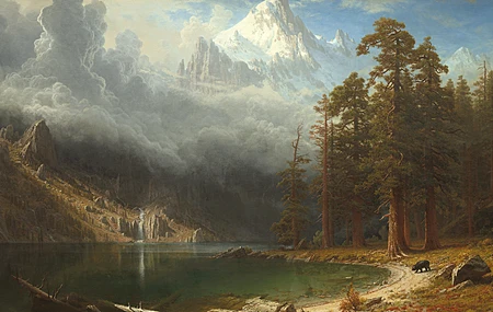 绘画作品 艺术作品 油画 布面油画 风景 自然 山脉 湖泊 倒影 天空 树木 动物 熊 棕色 4K壁纸