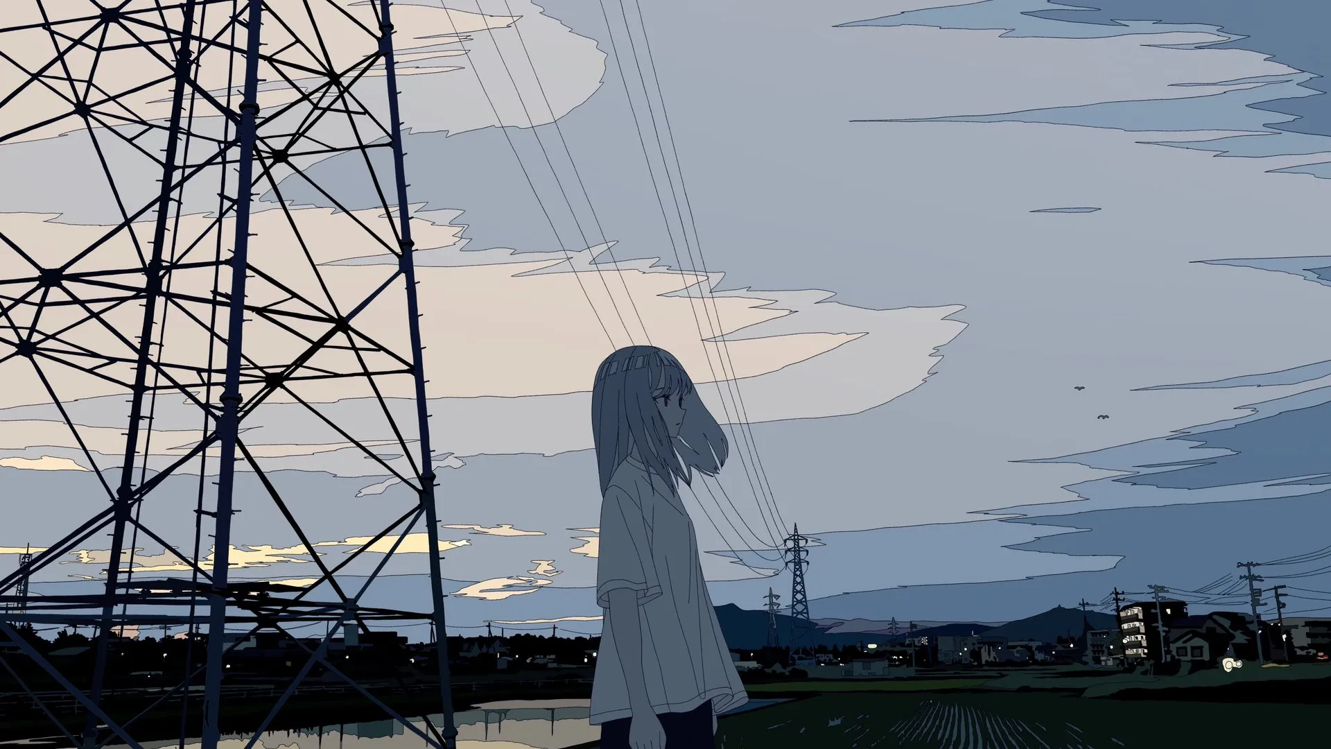 艺术作品 插画 数字绘画 动漫 户外 少女 电塔 城市 云朵 长发 短袖 天空 倒影 城市灯光 白色 站立 电线 水面 蓝色 4K壁纸