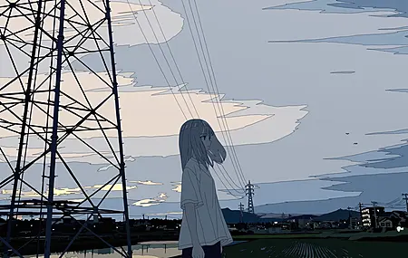 艺术作品 插画 数字绘画 动漫 户外 少女 电塔 城市 云朵 长发 短袖 天空 倒影 城市灯光 白色 站立 电线 水面 蓝色 4K壁纸