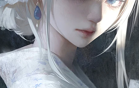 插画 数字绘画 手机壁纸 少女 肖像 肖像展示 签名 阳光 蓝色眼眸 耳环 花朵 金发 简洁背景 长发 长袖 戒指 白色 4K壁纸