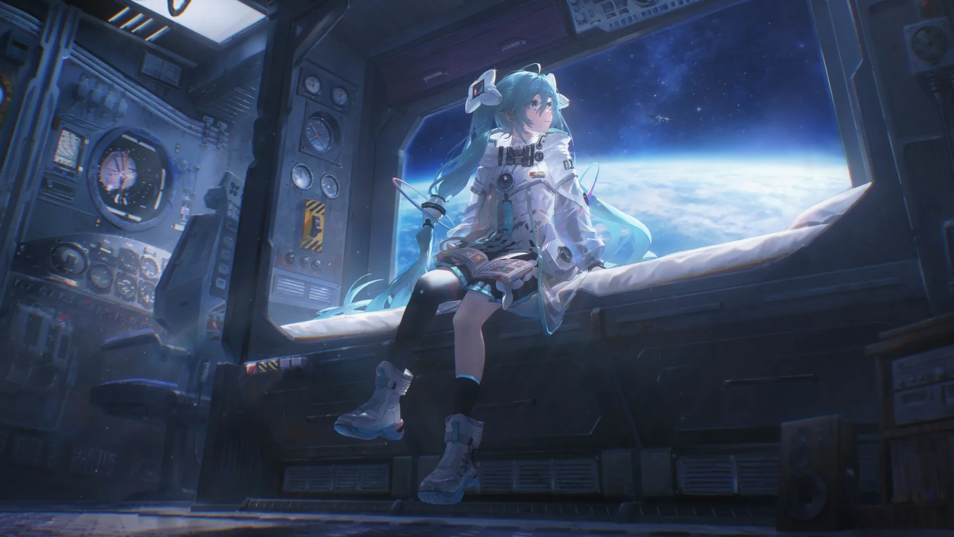 虚拟歌手 初音未来 动漫 少女 坐着 长发 星星 星球 青蓝色头发 书籍 水色眼眸 呆毛 阳光 微笑 双马尾 蓝色眼眸 窗边 床上 全身 黑色 裙子 4K壁纸