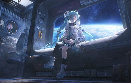 虚拟歌手 初音未来 动漫 少女 坐着 长发 星星 星球 青蓝色头发 书籍 水色眼眸 呆毛 阳光 微笑 双马尾 蓝色眼眸 窗边 床上 全身 黑色 裙子 4K壁纸