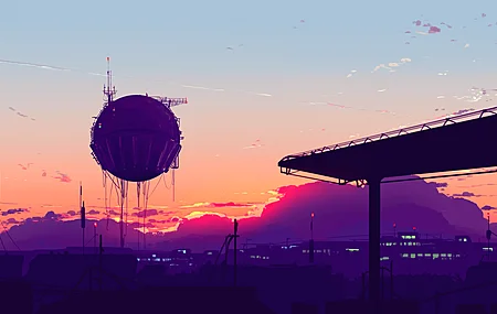 插画 数字绘画 宽屏 户外 日落 自然 天空 云朵 弱光 落日余晖 城市灯光 紫色 4K壁纸