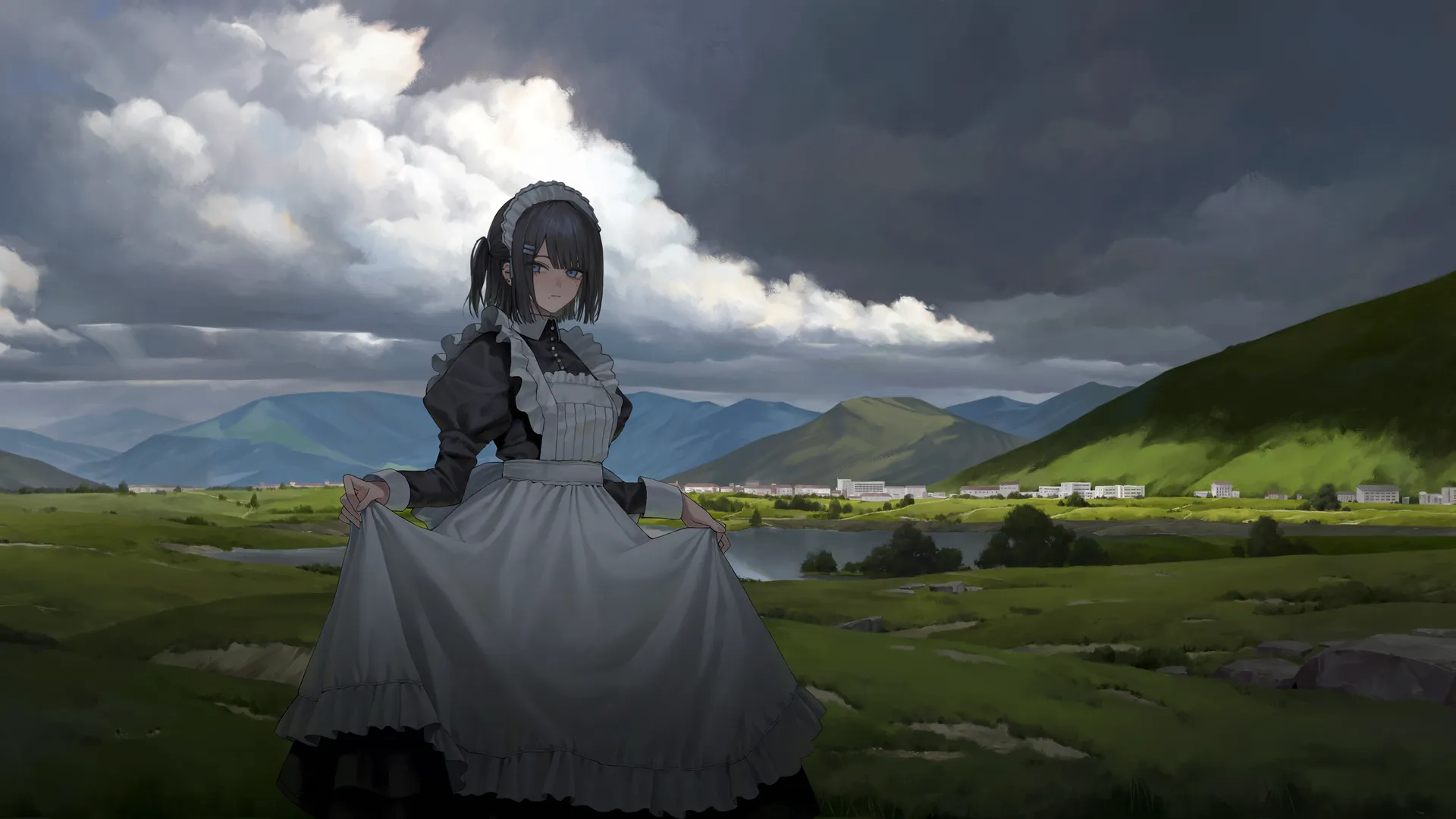 动漫 少女 插画 女仆 户外 少女 自然 风景 云朵 阳光 田野 湖泊 水面 山脉 超宽画幅 宽屏 短发 撩起衣物 天空 褶边 泪痣 长袖 灰色 头饰 耳洞 蓝色眼眸 树木 4K壁纸