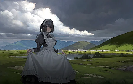 动漫 少女 插画 女仆 户外 少女 自然 风景 云朵 阳光 田野 湖泊 水面 山脉 超宽画幅 宽屏 短发 撩起衣物 天空 褶边 泪痣 长袖 灰色 头饰 耳洞 蓝色眼眸 树木 4K壁纸