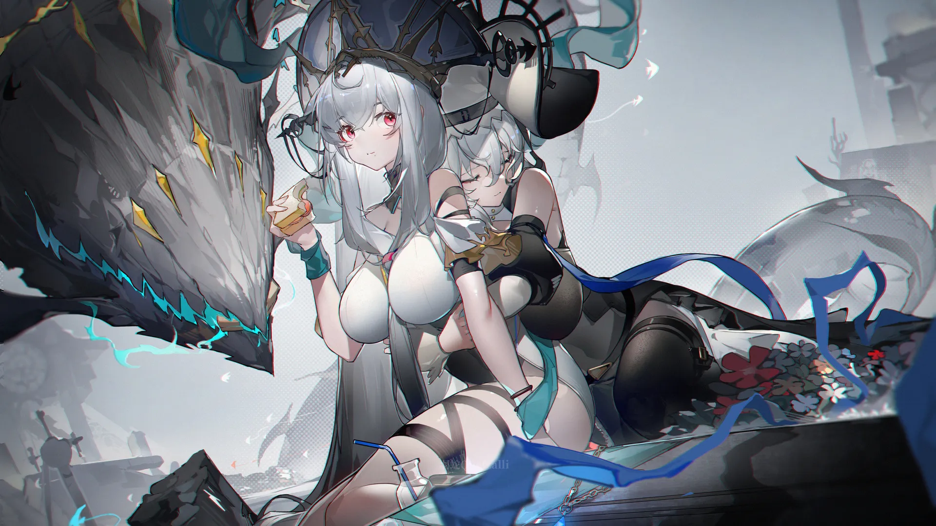 白发 红眼睛 闭着眼睛 动漫 女孩 食物 吃 三明治 明日方舟 归溟幽灵鲨 4K壁纸