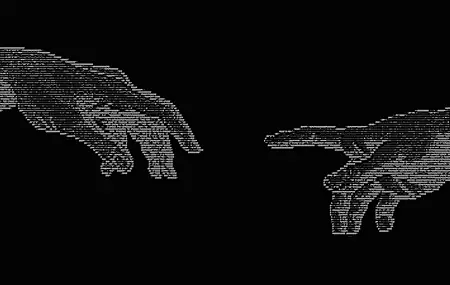 ASCII 艺术 创造亚当 简约背景 暗色 双手 特写 伸出手臂 手指 数字艺术 4K壁纸